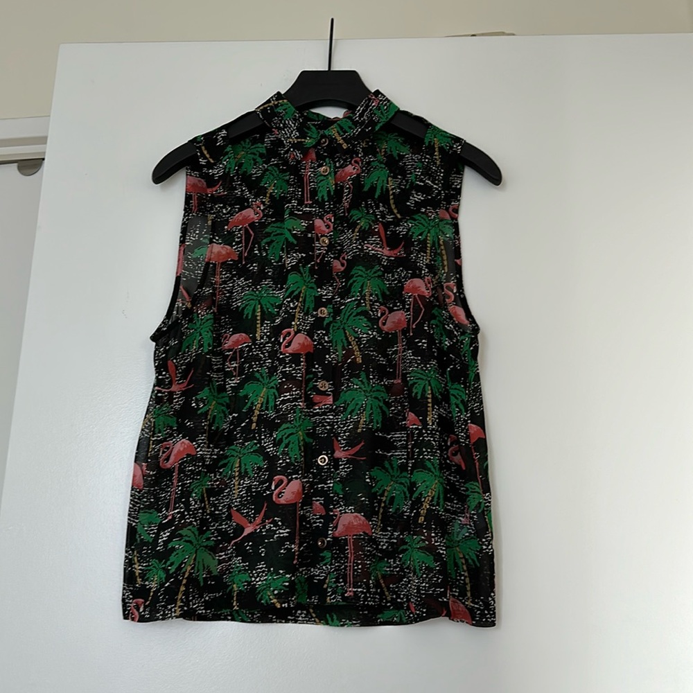 Flamingo-printed chiffon blouse.